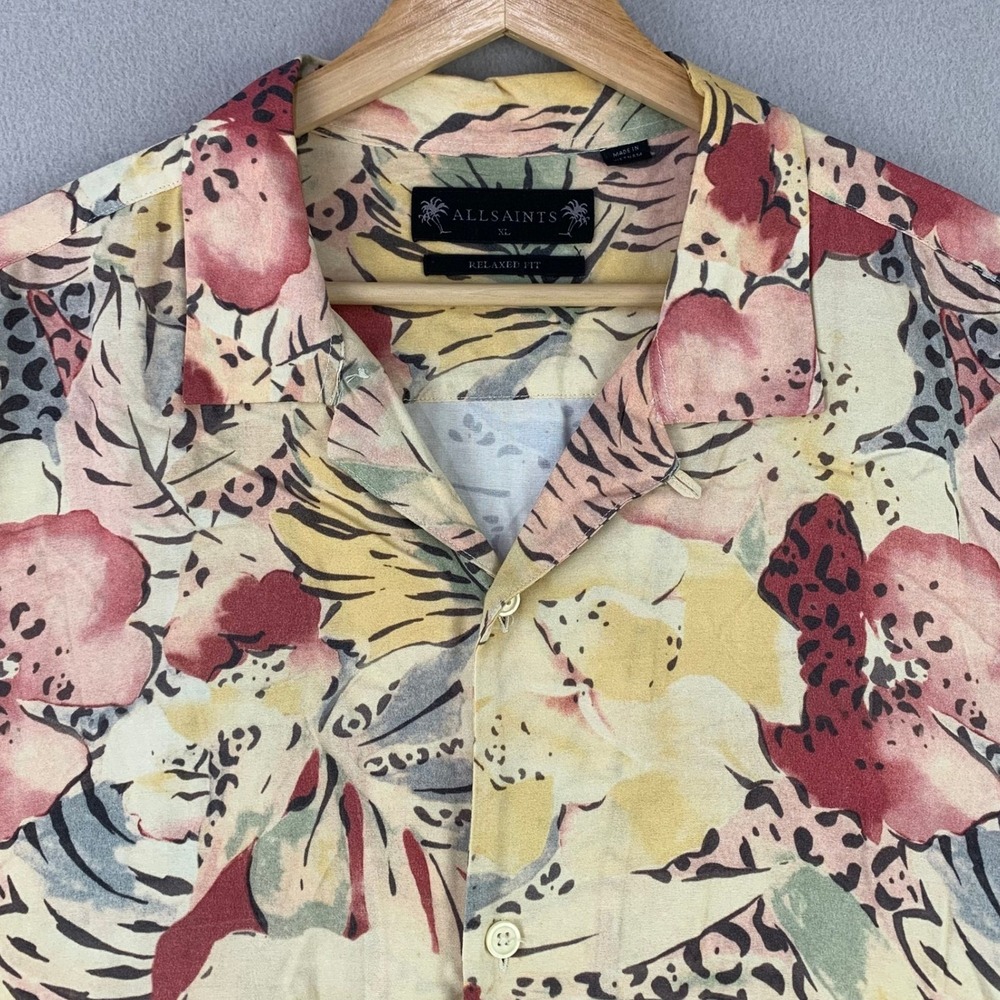AllSaints Aloha Camp Shirt Mens Vacation XL Floral Tropical Viscose‎ Loop Collar